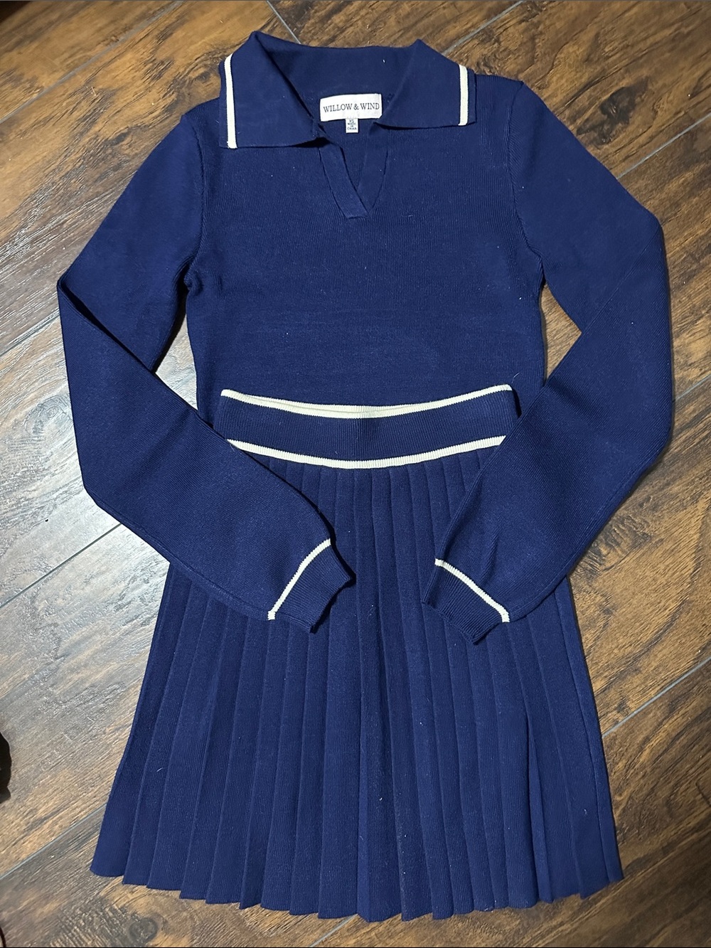 Navy Knit sweater and Pleated skirt with Cream Trim